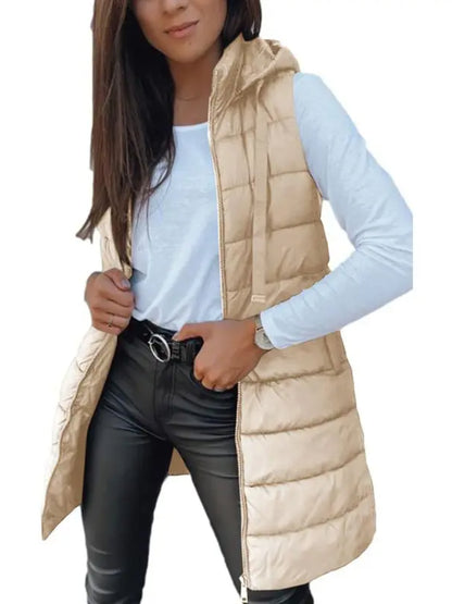 Women Solid Long Hooded Puffer Vest Side Slit Outerwear With Pockets