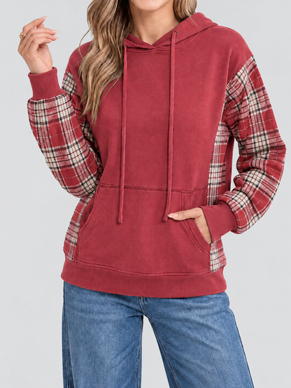 Women's Plaid Spliced Color Block Hoodie