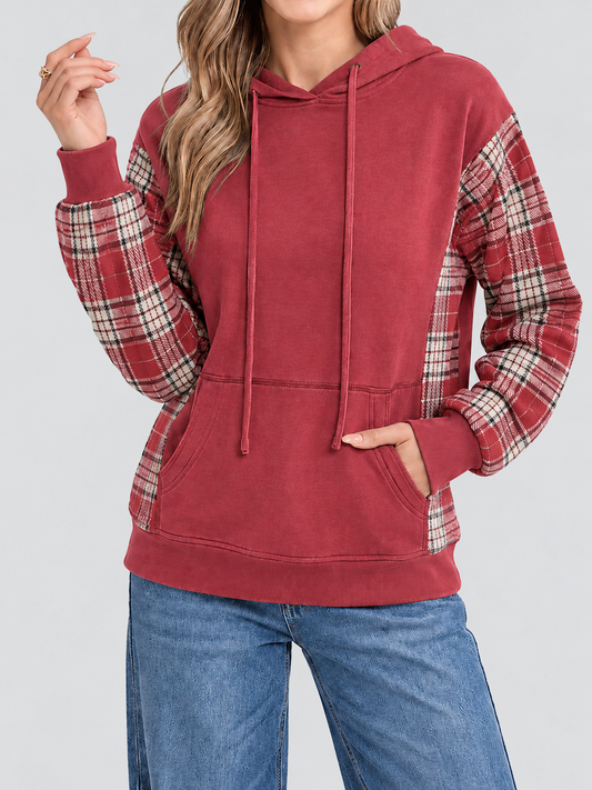 Women's Plaid Spliced Color Block Hoodie
