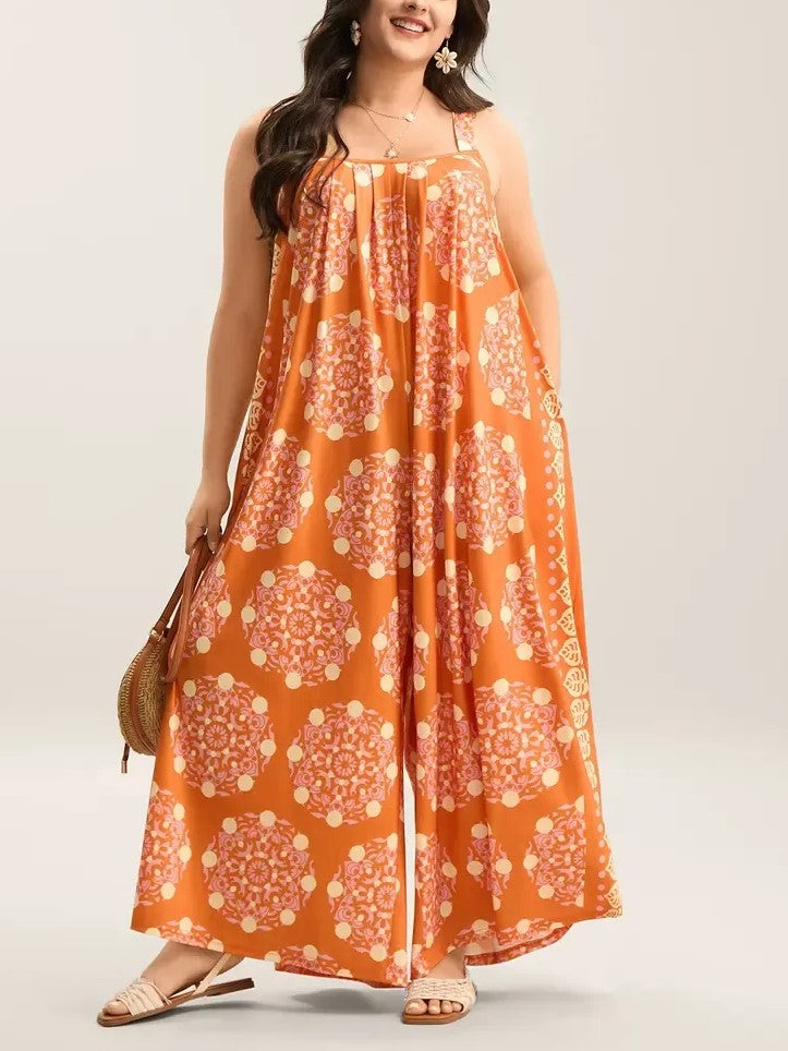 Adjustable Strap Boho Wide Leg Jumpsuit with Pockets