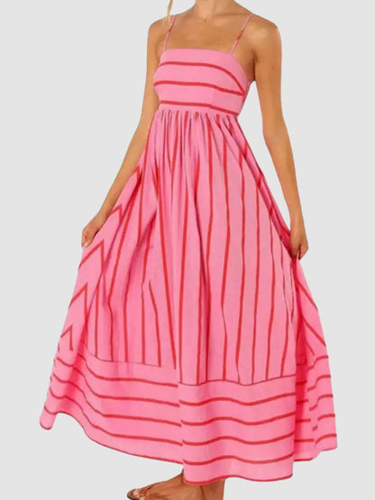 Women's striped backless pleated halter-neck cutout flowy A-line maxi dress