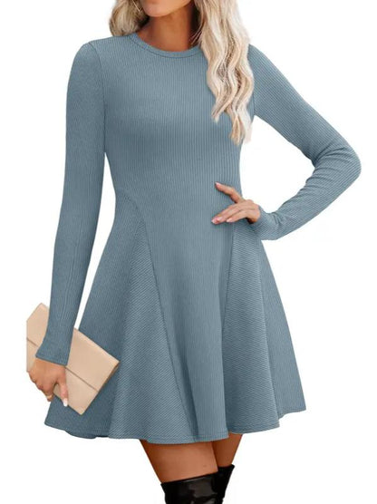 Women Crew Neck Long Sleeve Fit‑and‑Flare A‑Line Sweater Dress