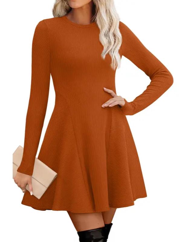 Women Crew Neck Long Sleeve Fit‑and‑Flare A‑Line Sweater Dress