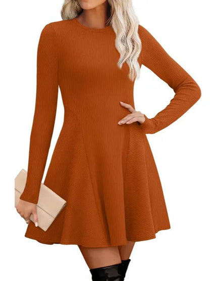 Women Crew Neck Long Sleeve Fit‑and‑Flare A‑Line Sweater Dress