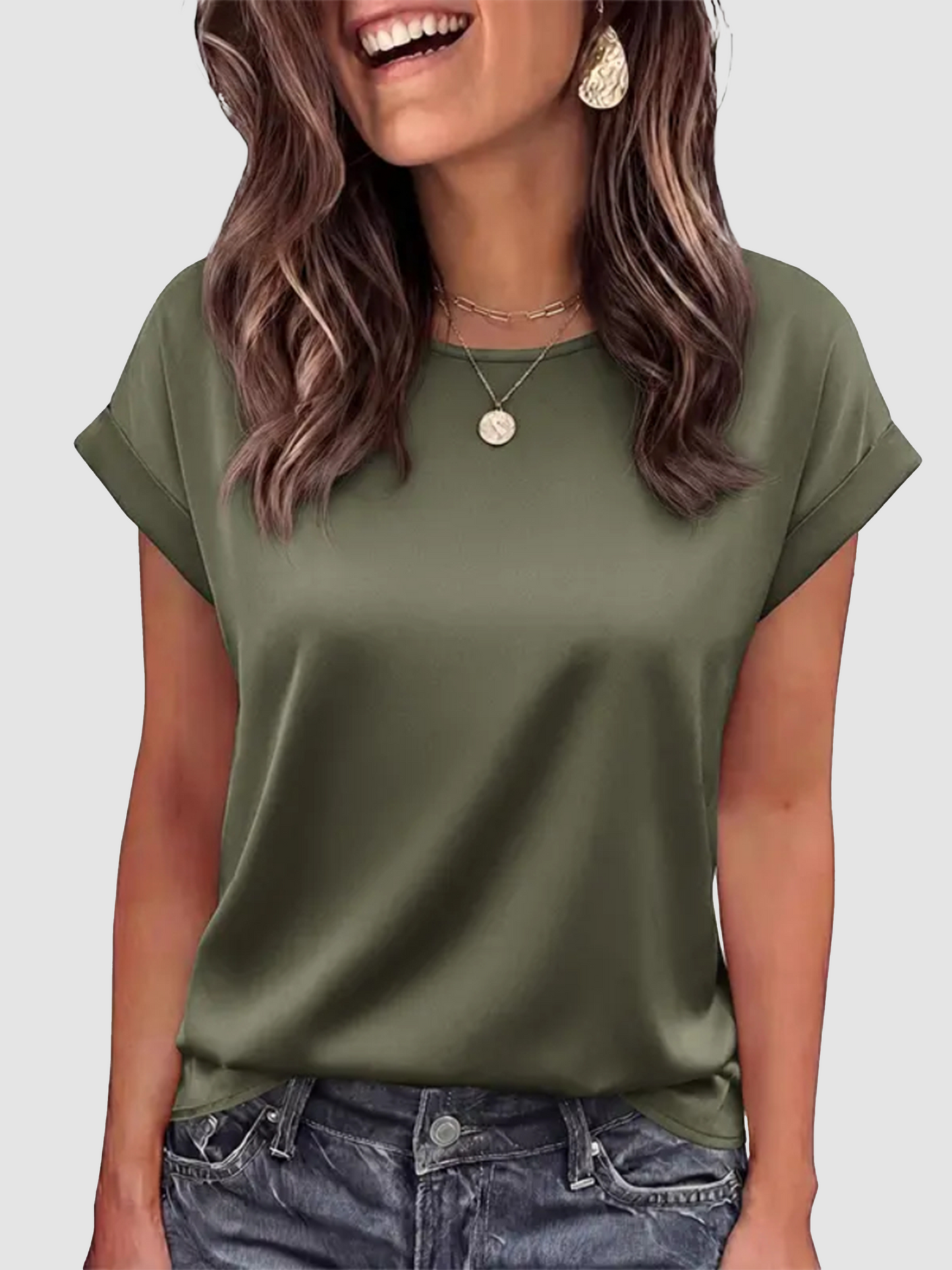 Women Loose Crew‑Neck Satin Short‑Sleeve Business Casual Summer Blouse