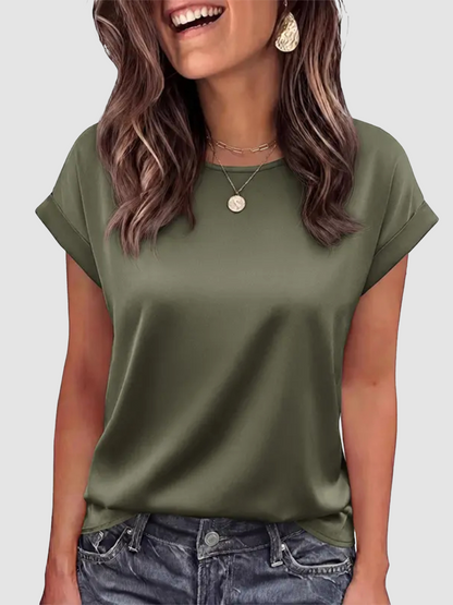Women Loose Crew‑Neck Satin Short‑Sleeve Business Casual Summer Blouse