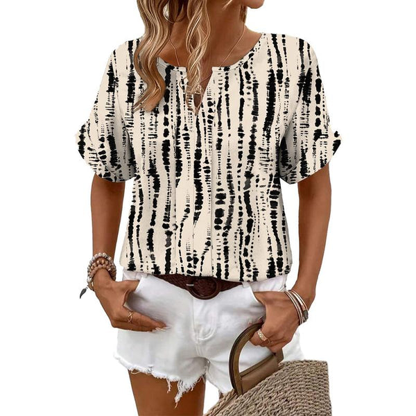 Split Notch V-Neck Rolled Cuff Short Sleeve Loose Casual Blouse Top