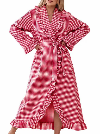 Women Lightweight Long Sleeve Plaid Adjustable Belt Casual Sleep Bath Robe