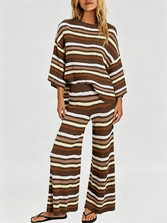 Women Striped Knit Two‑Piece Set Crew Neck 3/4 Sleeve Loose Top Wide Leg Pants