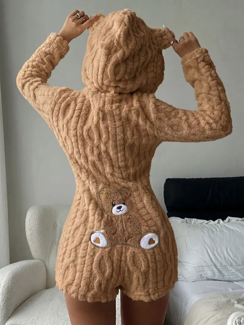 Cute Teddy Bear  Hooded Fleece Romper
