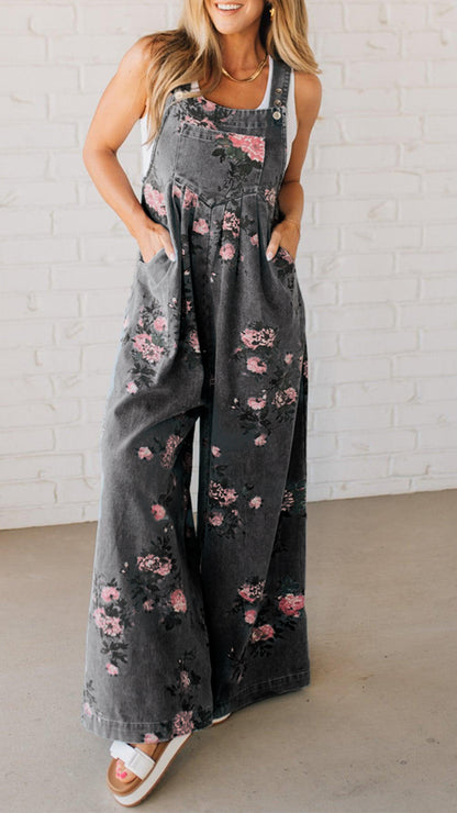 Women's Trendy High Waist Wide Leg Denim Jumpsuit Beau Blue Floral Print Pleated Detail