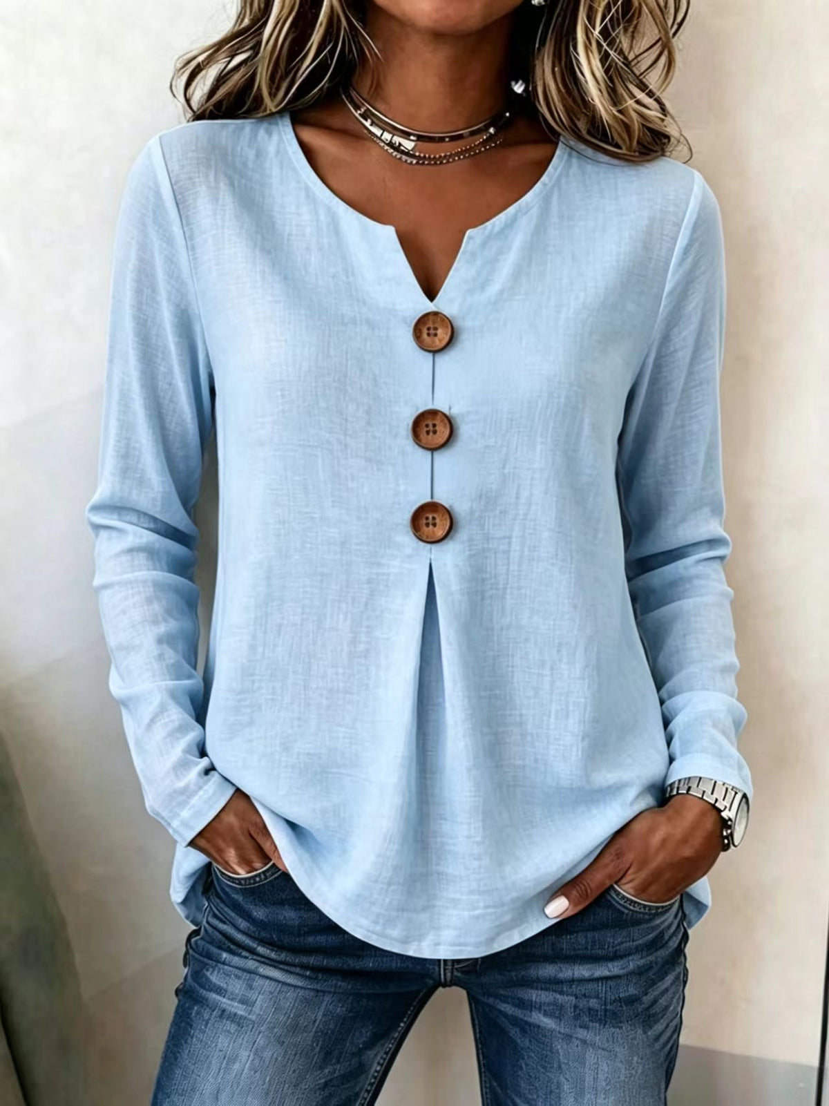 Retro Large Button V Neck Casual Long Sleeve Shirt