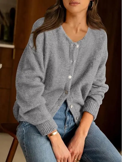 Round Neck Button Long Sleeve Knit Cardigan