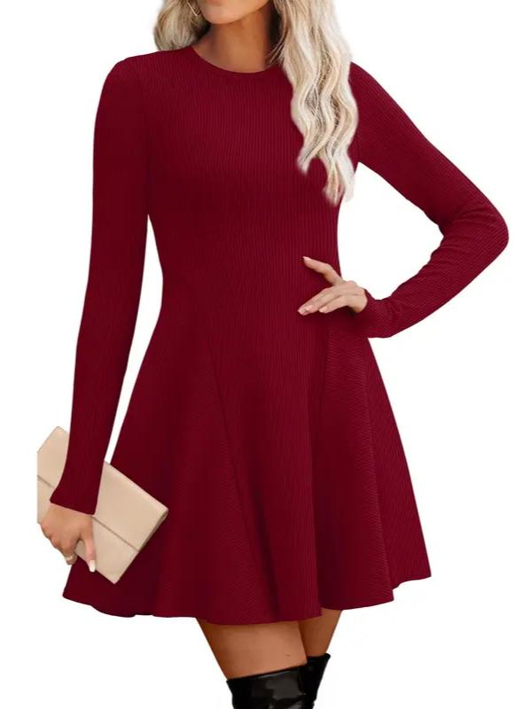 Women Crew Neck Long Sleeve Fit‑and‑Flare A‑Line Sweater Dress