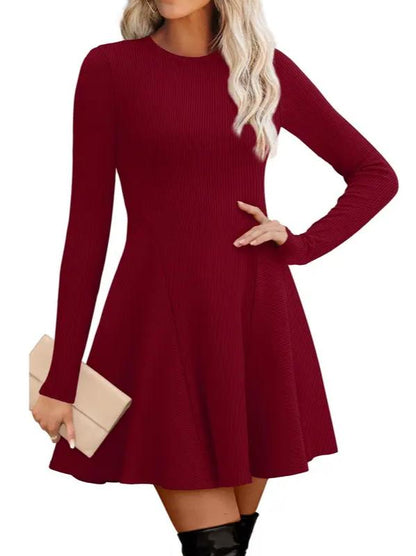 Women Crew Neck Long Sleeve Fit‑and‑Flare A‑Line Sweater Dress