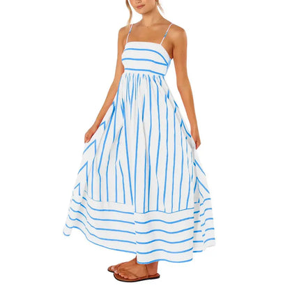 Women's striped backless pleated halter-neck cutout flowy A-line maxi dress