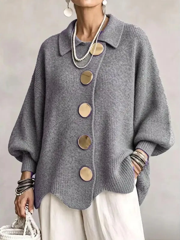Limited time sale🔥Women French Lapel Irregular Hem Lantern Sleeve Knit Cardigan