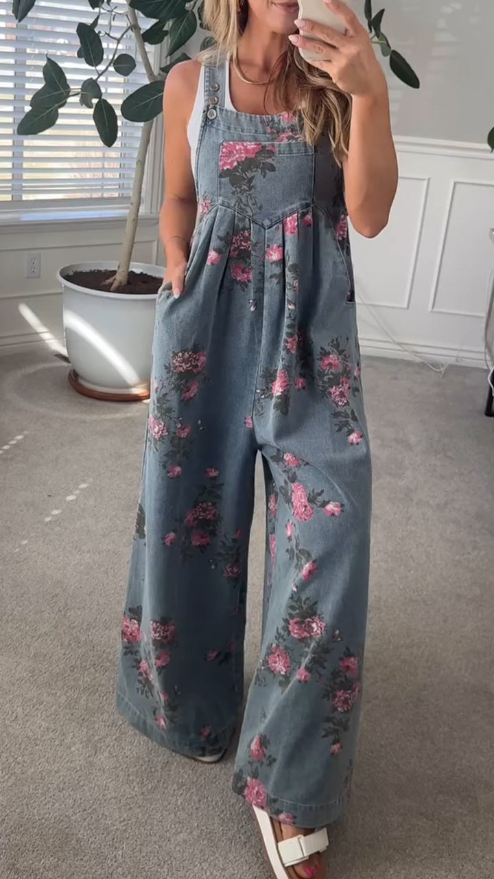 Women's Trendy High Waist Wide Leg Denim Jumpsuit Beau Blue Floral Print Pleated Detail