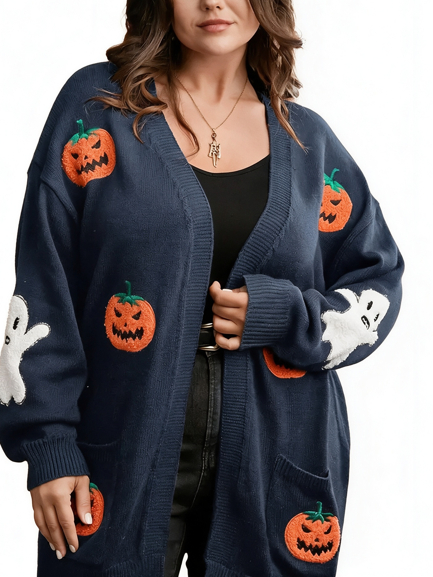 Women Casual Medium Length Pocket Halloween Embroidery Knit Open Cardigan