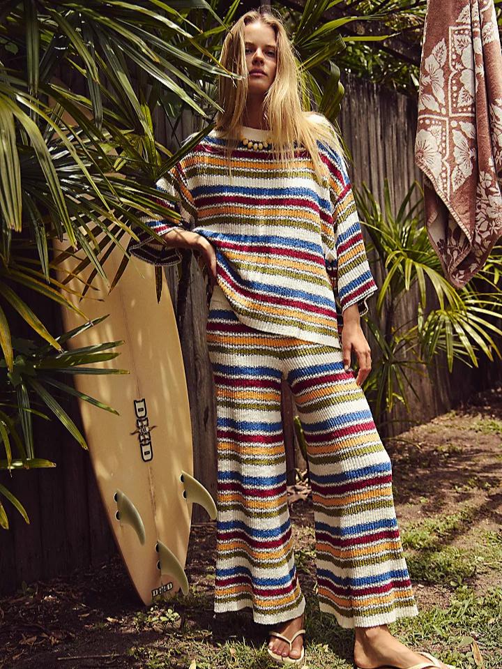 Women Striped Knit Two‑Piece Set Crew Neck 3/4 Sleeve Loose Top Wide Leg Pants