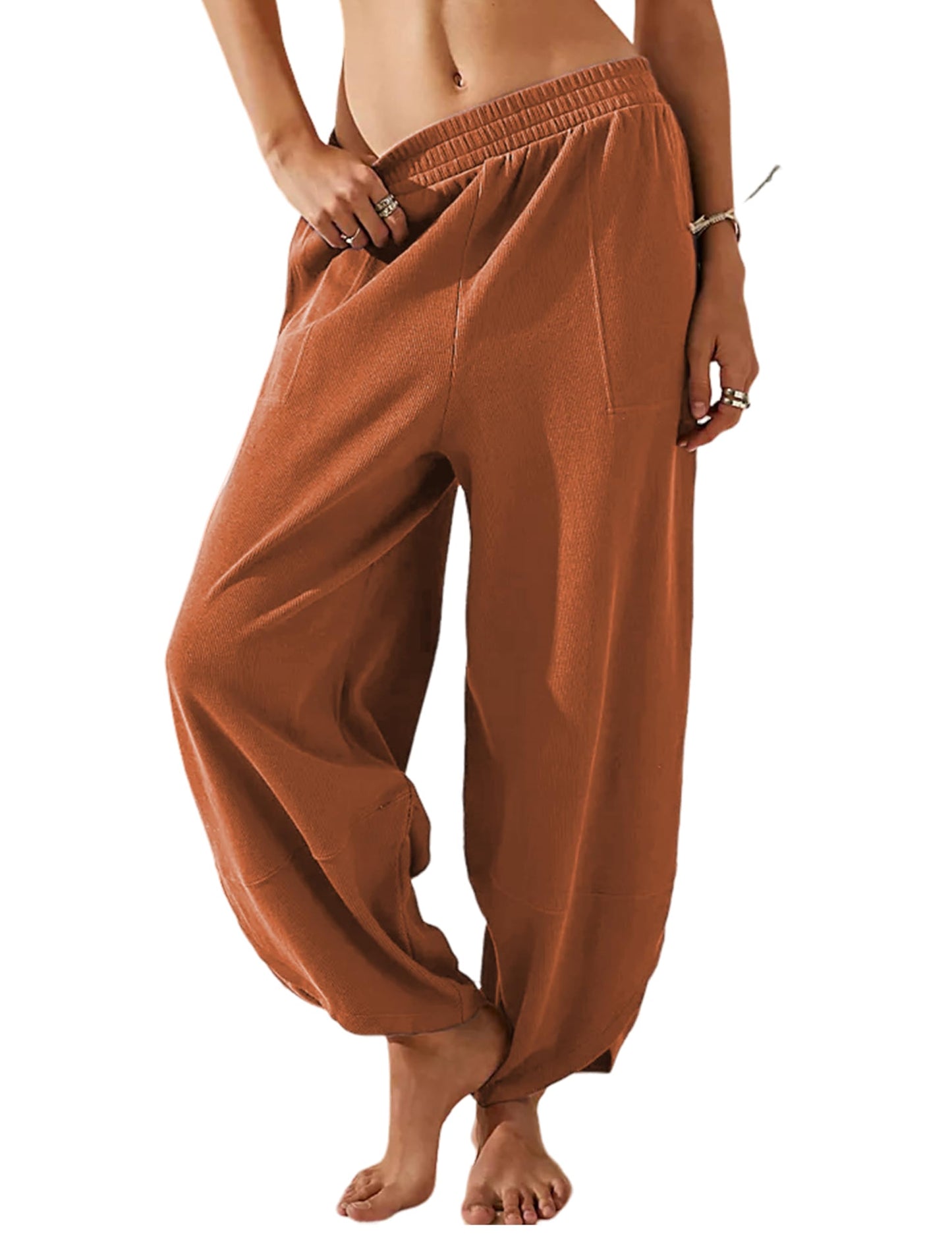 Elastic Waist Pocket Boho Baggy Wide Leg Harem Pants