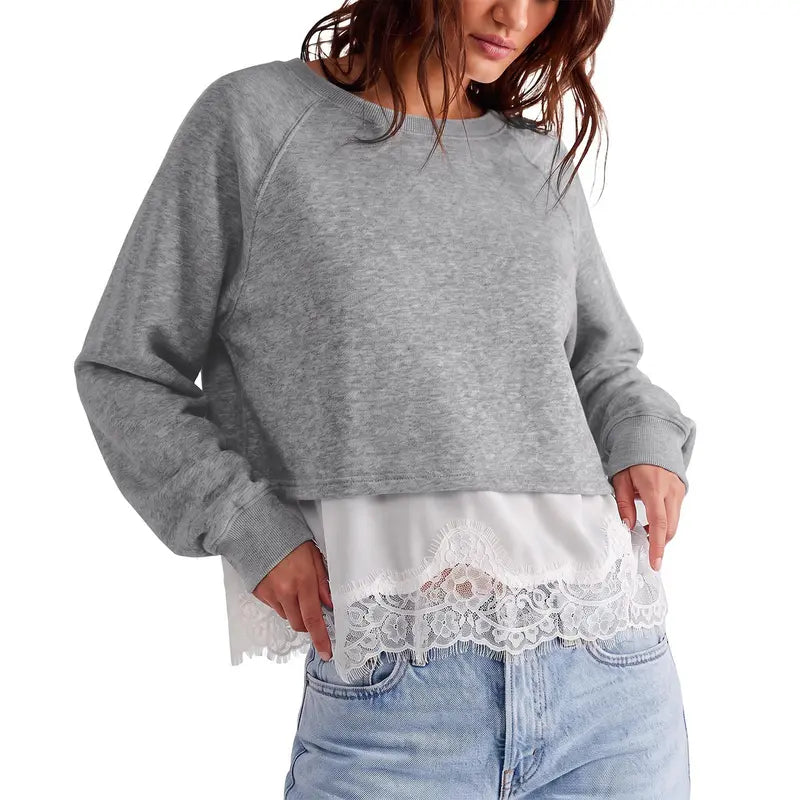 Women Oversized Pullover Sweatshirt with Lace Hem