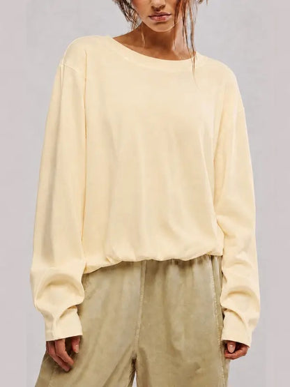 Cozy Solid Color Crewneck Pullover with Elastic Hem