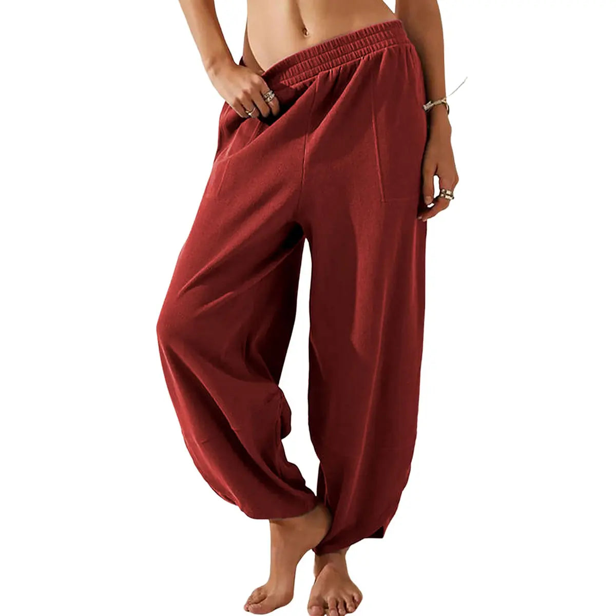 Elastic Waist Pocket Boho Baggy Wide Leg Harem Pants