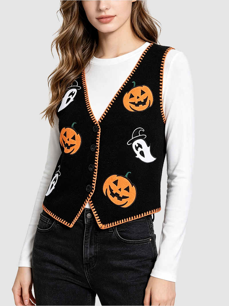 Women Knitted V‑Neck Pumpkin Ghost Print Contrast Binding Button Vest