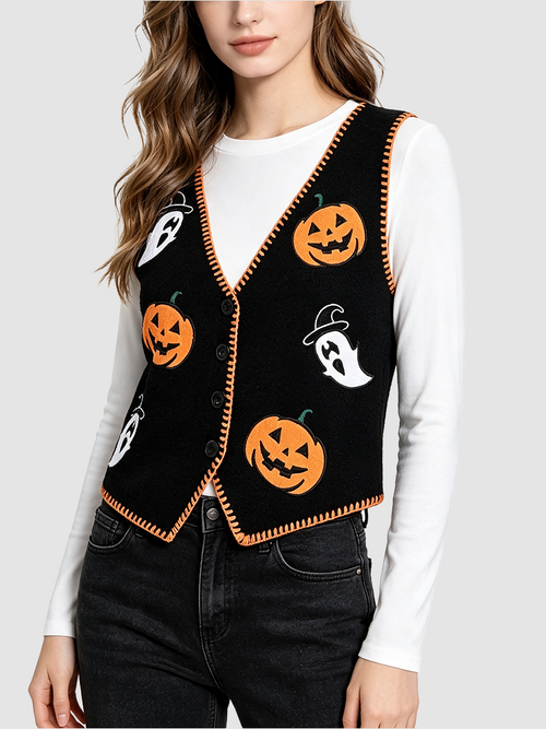 Women Knitted V‑Neck Pumpkin Ghost Print Contrast Binding Button Vest