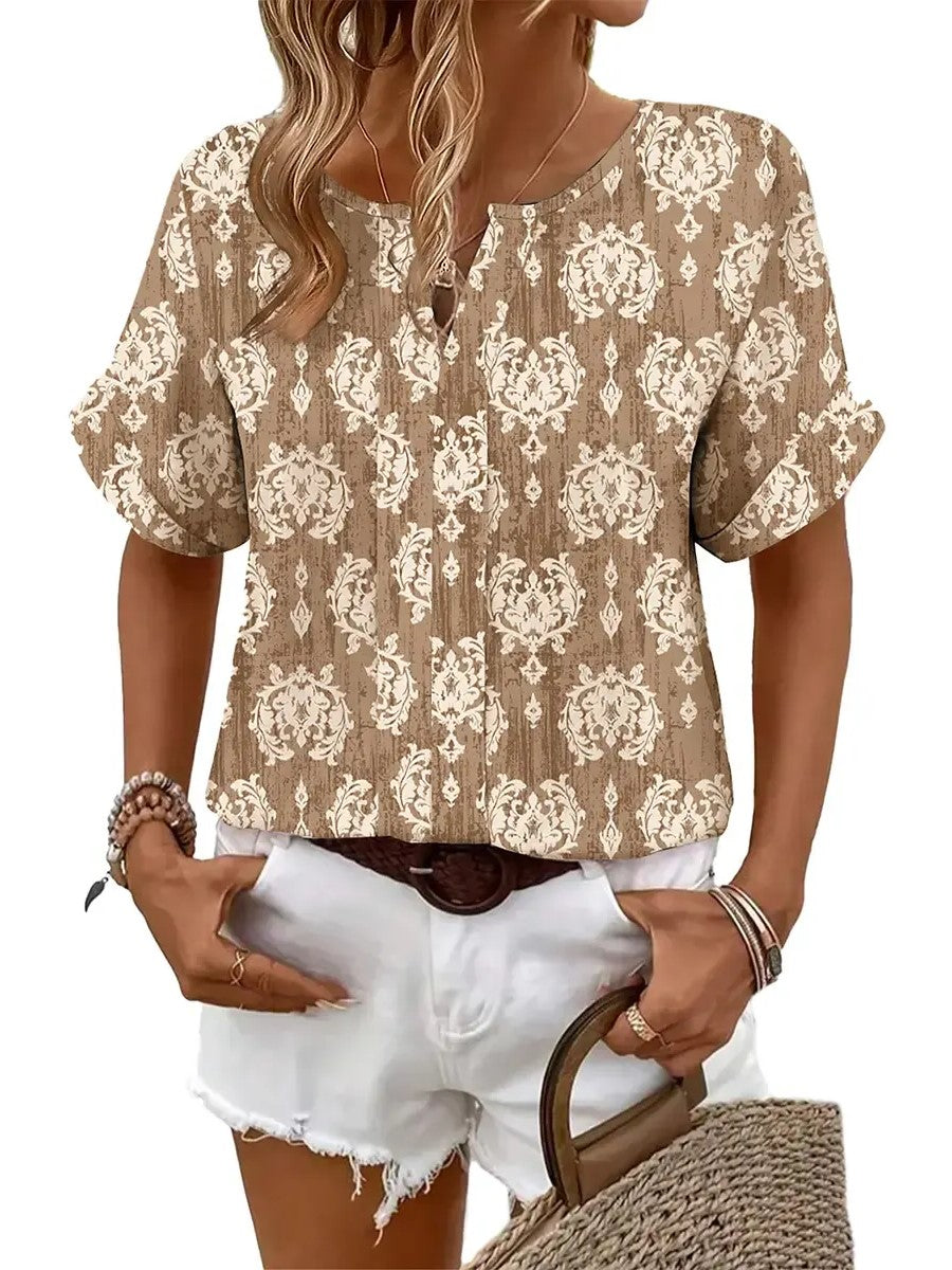 Split Notch V-Neck Rolled Cuff Short Sleeve Loose Casual Blouse Top