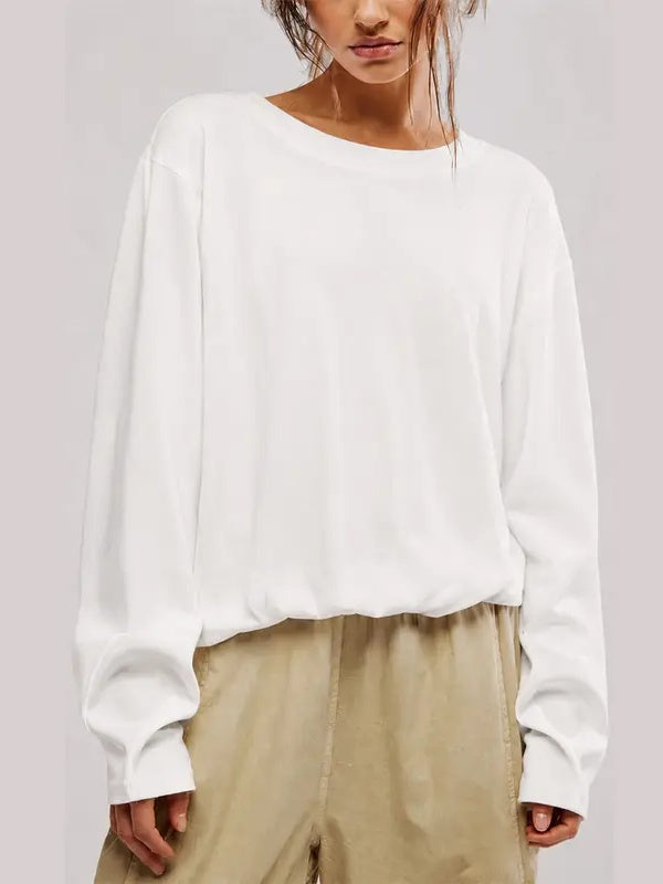 Cozy Solid Color Crewneck Pullover with Elastic Hem