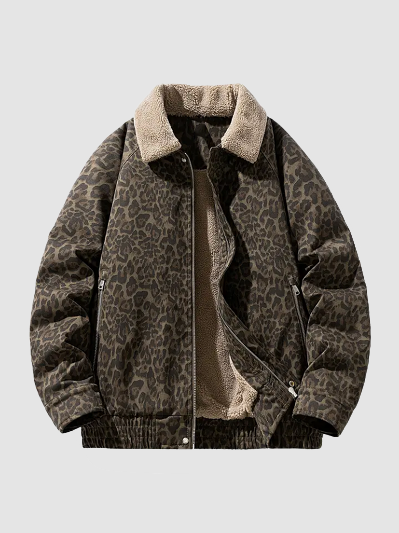 Vintage Leopard Print Lapel Fleece‑Lined Warm Winter Jacket