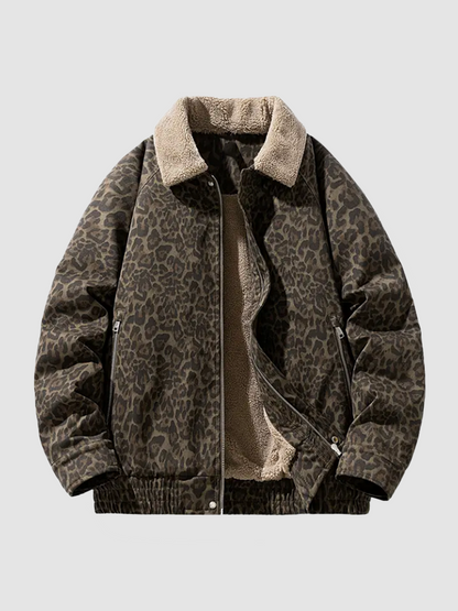 Vintage Leopard Print Lapel Fleece‑Lined Warm Winter Jacket