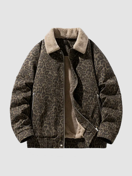 Vintage Leopard Print Lapel Fleece‑Lined Warm Winter Jacket