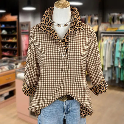 Women Gingham Blouse With Leopard Contrast Collar 3/4 Sleeve