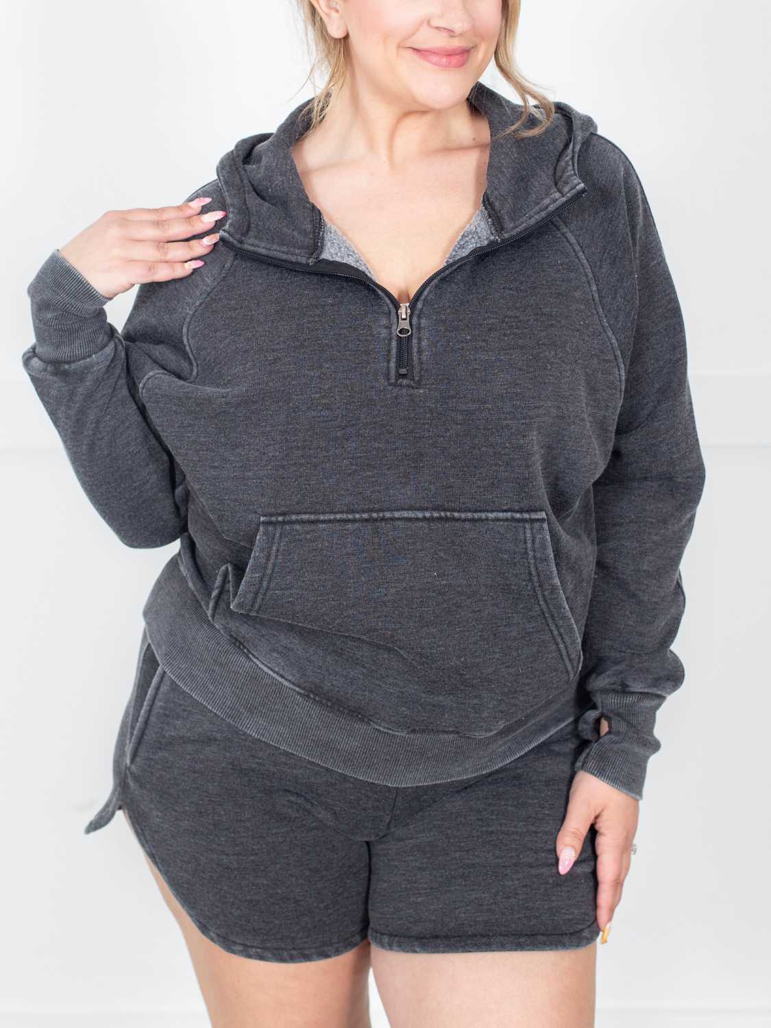 Womens Casual Washed Half Zip Hoodie With Thumb Holes