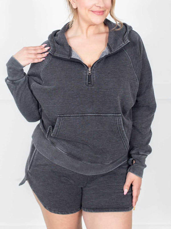 Womens Casual Washed Half Zip Hoodie With Thumb Holes
