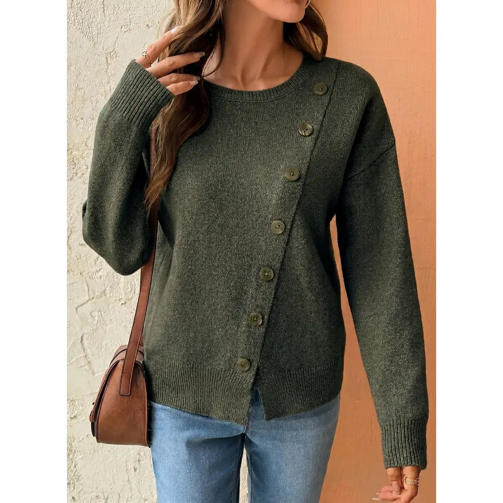 Women Long Sleeve Crew Neck Asymmetric Diagonal Button Knit Top