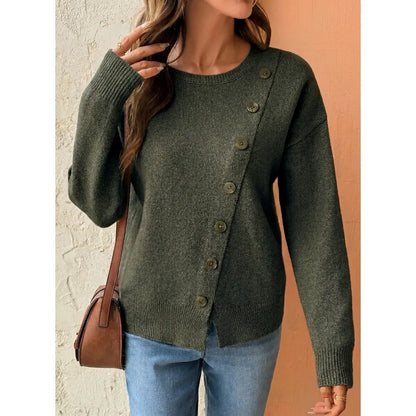 Women Long Sleeve Crew Neck Asymmetric Diagonal Button Knit Top