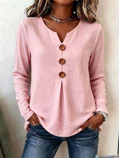 Retro Large Button V Neck Casual Long Sleeve Shirt