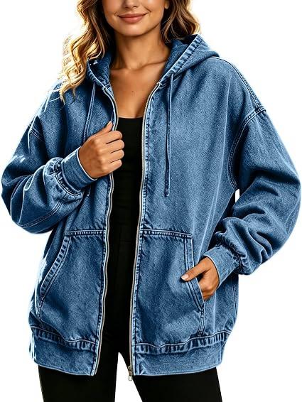 Oversized Zip Up Hooded Denim Jacket