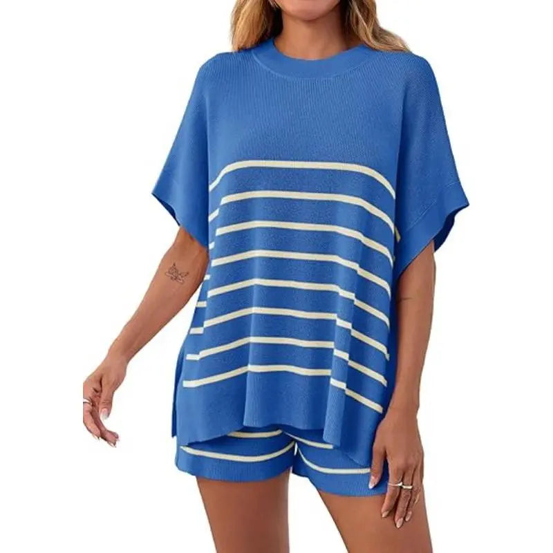 Women's Striped 2 Piece Outfits Oversized Batwing Short Sleeve Tops