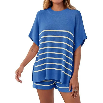 Women's Striped 2 Piece Outfits Oversized Batwing Short Sleeve Tops