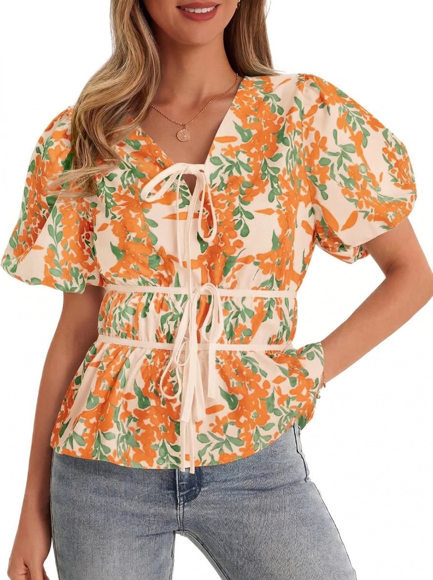 Women Floral Polka Dot Leopard Puff Sleeve V Neck Tie Front Peplum Blouse