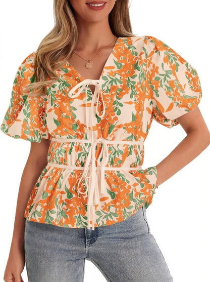 Women Floral Polka Dot Leopard Puff Sleeve V Neck Tie Front Peplum Blouse