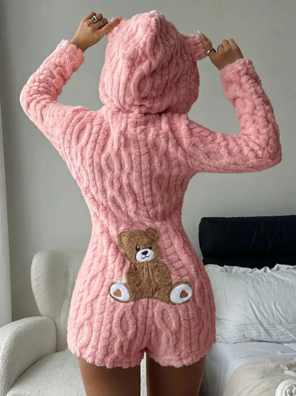 Cute Teddy Bear  Hooded Fleece Romper
