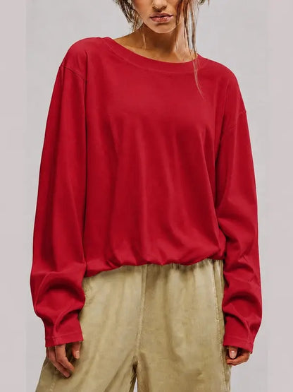 Cozy Solid Color Crewneck Pullover with Elastic Hem