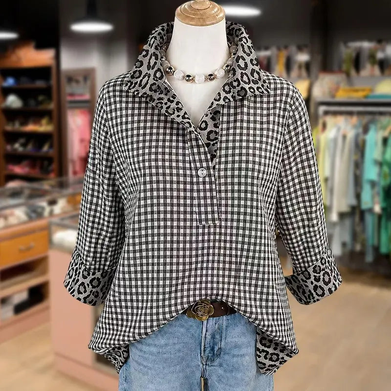 Women Gingham Blouse With Leopard Contrast Collar 3/4 Sleeve