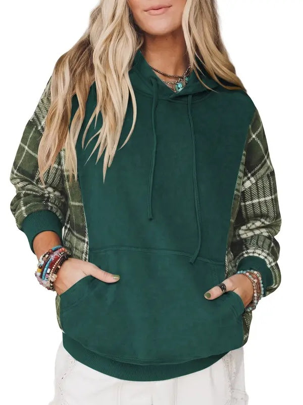 Women's Plaid Spliced Color Block Hoodie